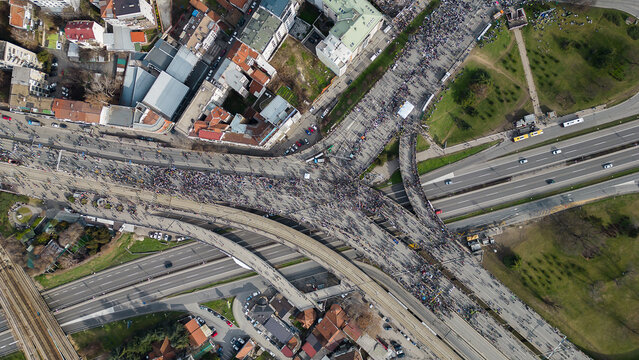Aerial View of Protesters Occupying Highway in Serbia
