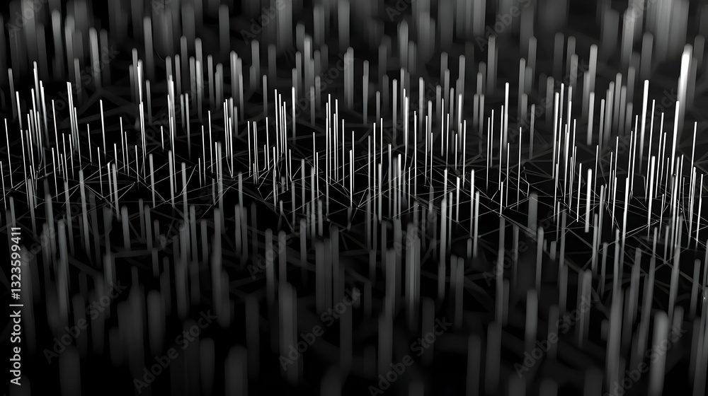 Poster abstract digital render of vertical lines with varying thickness against dark background
