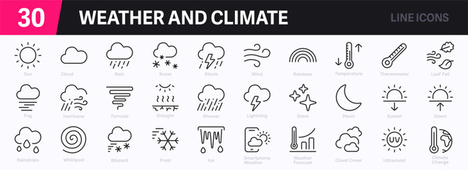 Set of 30 outline icons related to weather. This outline icon set includes sunshine, clouds, rain, snow, thunderstorms, wind, temperature, and more. Editable stroke. Vector illustration