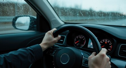 Person driving car on rainy day, hands steering wheel