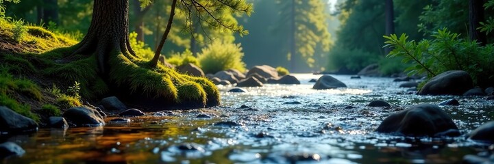 River water flowing gently past the base of a tall pine tree, water, stream