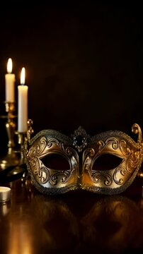 Elegant golden mask on a table beside candles creates a mysterious ambiance for a masquerade evening