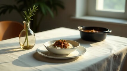 A sunlit table setting features a bowl of savory stew served over fluffy white rice, accompanied by a small vase of greenery and a second bowl of stew, creating a warm and inviting culinary scene.