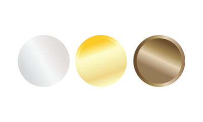 Vector illustration of silver, gold and bronze medal plates set. First, second and third place medals or buttons isolated on white background. Quality blank badges and emblems set.