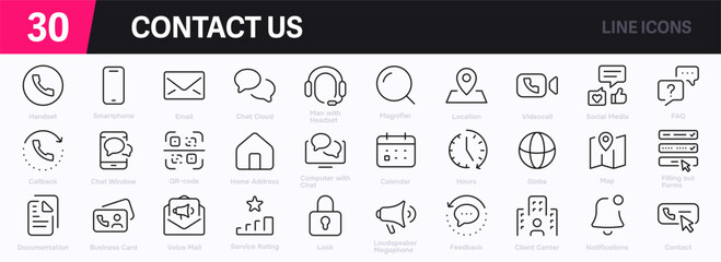Set of 30 outline icons related to 'Contact Us.' This outline icon set includes phone, email, chat bubble, address, support, message, website, call-us, and more. Editable stroke. Vector illustration