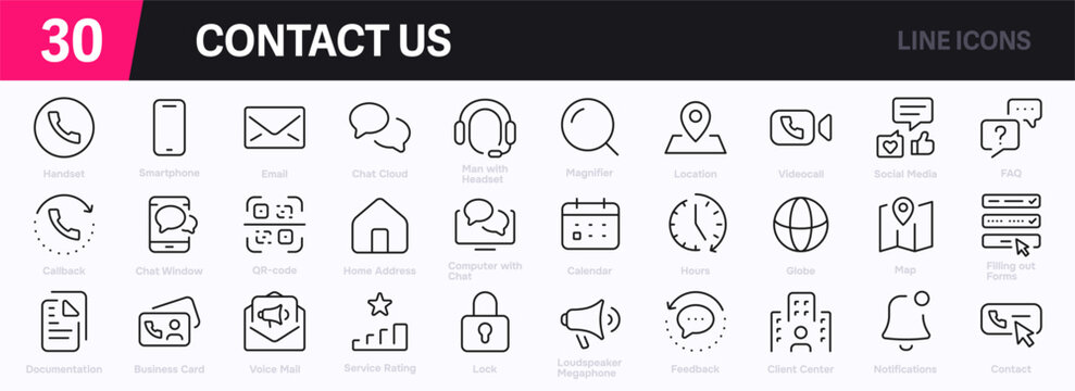 Set of 30 outline icons related to 'Contact Us.' This outline icon set includes phone, email, chat bubble, address, support, message, website, call-us, and more. Editable stroke. Vector illustration