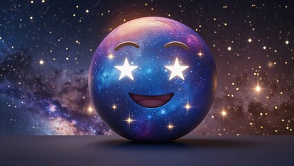 A smiling emoji with starry eyes stands against a colorful cosmic backdrop filled with stars and galaxies, evoking feelings of happiness and amazement at the universe