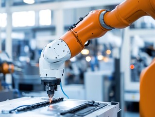 Six - axis robot performs spot welding on white appliances, LED indicators show torque compliance, quality tags on finished products