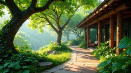Obraz premium Serene Pathway Winding Through Lush Greenery Towards a Tranquil Wooden Pavilion in a Picturesque Natural Setting