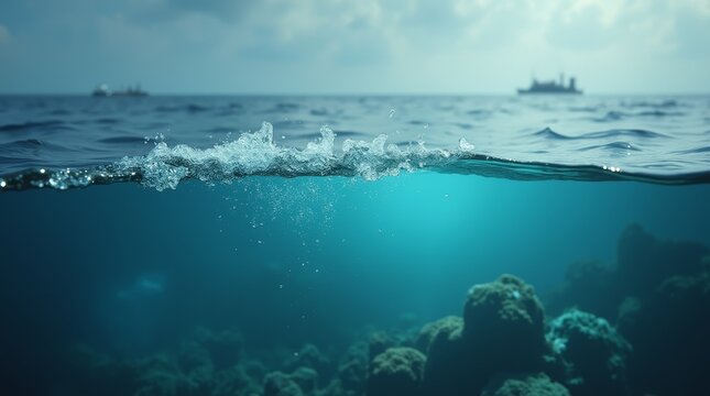 Split view of ocean surface with underwater coral reef and distant ships. Marine nature and sea exploration concept