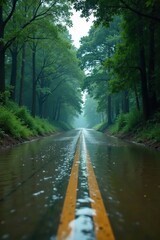 Obraz premium Road submerged in murky waters, trees swaying, water logged, storm surge, flooded road