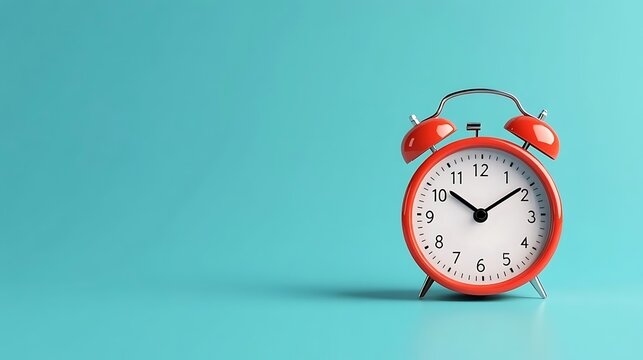 A vibrant red alarm clock against a pastel blue background, featuring ample copy space. Ideal for time-related concepts, this high-resolution, minimalistic image showcases retro charm.
