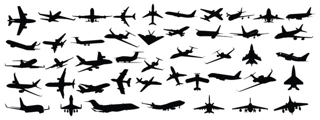 Fototapeta premium Passenger airplanes black monochrome silhouettes different point set vector flat illustration