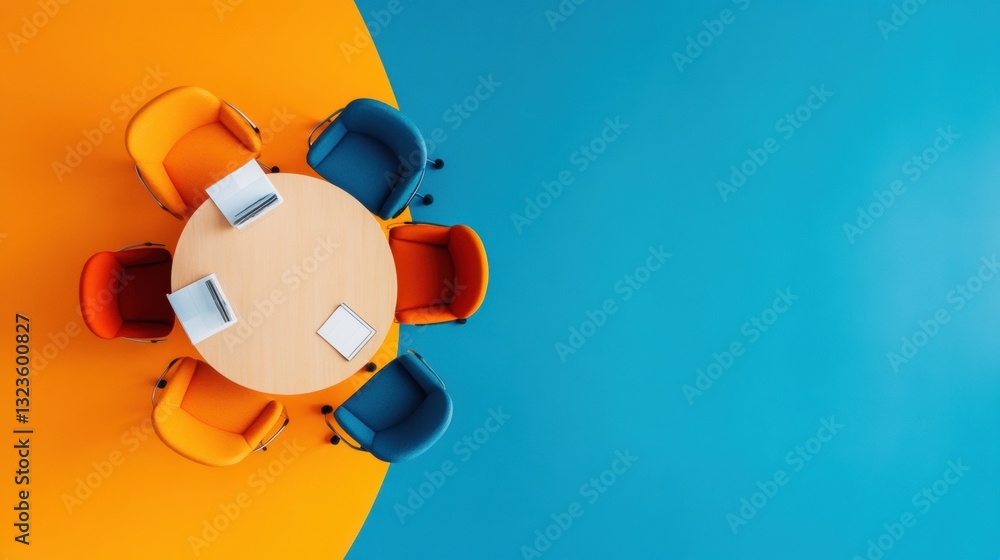 Aufkleber dynamic workspace reimagined vibrant minimalist conference setup with color-blocked ergonomic chairs