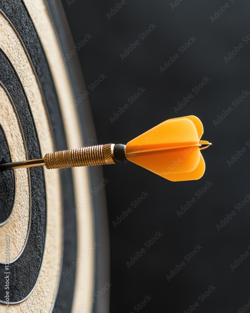 Poster precision and focus in darts targeting skillful aim in archery with a vibrant yellow dart hitting bu