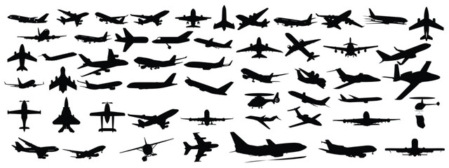 Black airplane icon collection. Set of black plane silhouette icon