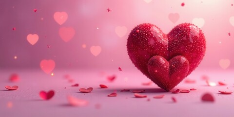 A Delicate Display of Intertwined Hearts, Embellished with Sparkling Dewdrops and Surrounded by a Shower of Falling Petals on a Soft Pink Background