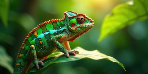 Fototapeta premium A Vibrant Chameleon Perched on a Lush Green Leaf, Basking in the Warm Sunlight of a Tropical Forest