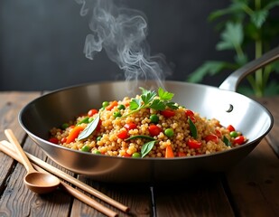 Flavorful Chinese fried rice in a wok with rising steam against a dark background
