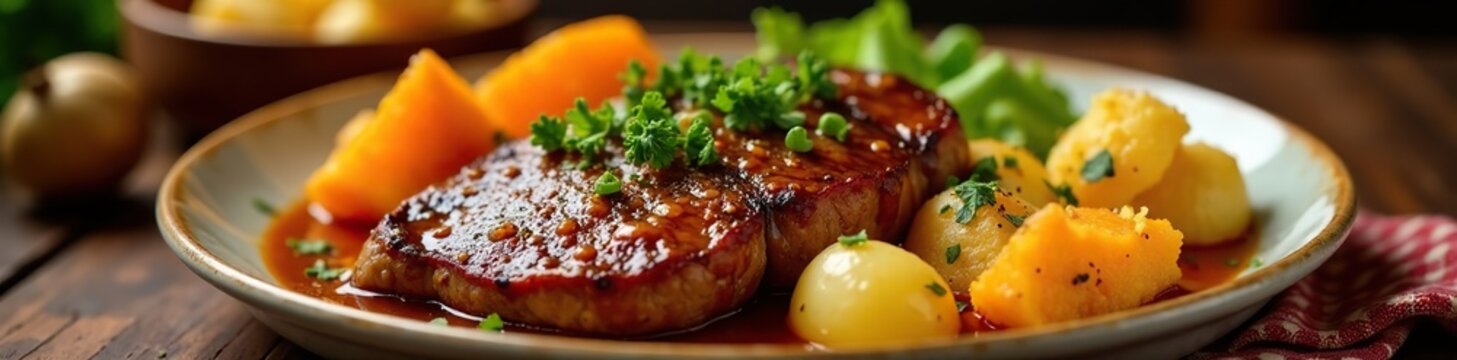 Roasted parmentier made with tender beef, crispy roasted pumpkin, and fluffy boiled potatoes, dish, pumpkin