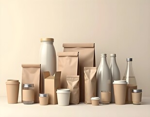 Assorted empty food packaging products for advertising and branding display
