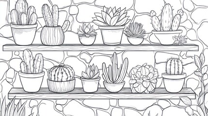 Succulents and cacti on shelves, stone wall background, home decor