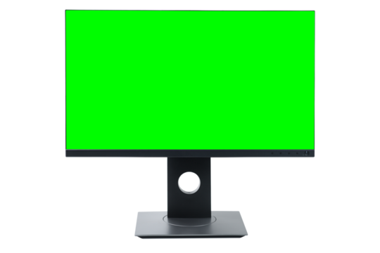 Blank monitor with bright green screen isolated on white background.