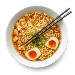 Creamy instant noodles in a bowl, topped with soft boiled eggs and tofu, garnished with green onions, ready to eat
