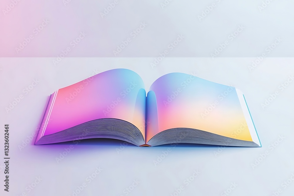 Poster 3d rendering of an open magazine with a blank white page and gradient cover design on a table, brigh
