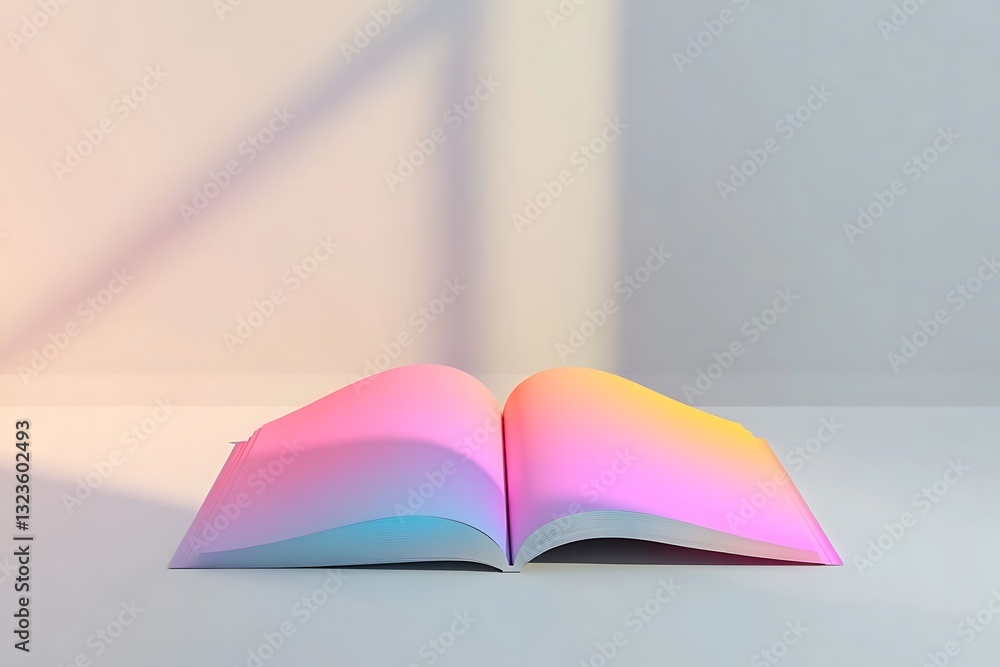 Aufkleber 3d rendering of an open magazine with a blank white page and gradient cover design on a table, brigh
