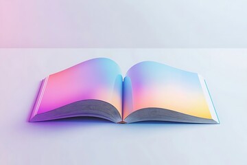 3D rendering of an open magazine with a blank white page and gradient cover design on a table, bright lighting, and a clean white background. Perfect for branding or advertising visuals.