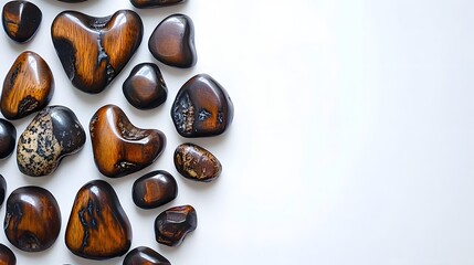 Obraz premium Arrangement of Smooth Brown Stones on a White Background Creating a Natural and Elegant Aesthetic