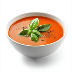 Creamy, vibrant orange tomato soup, garnished with fresh basil and pepper
