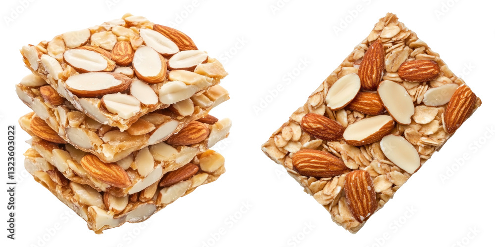 Poster stacked almond and oat bars with sliced almonds on transparency background