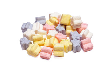 heap of fluffy star-shaped sweet marshmallows in pastel colors icolated on white