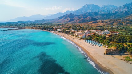 Aerial view Turquoise beach, coastal town, mountains