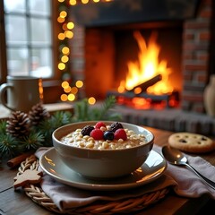 Cozy winter scene with steaming hot chocolate, gingerbread cookies, and warm rustic decor
