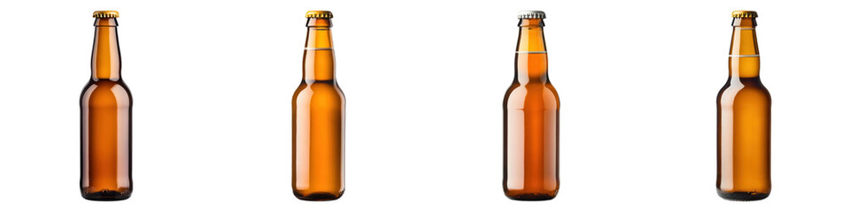 Four brown beer bottles with different caps isolated on transparency background