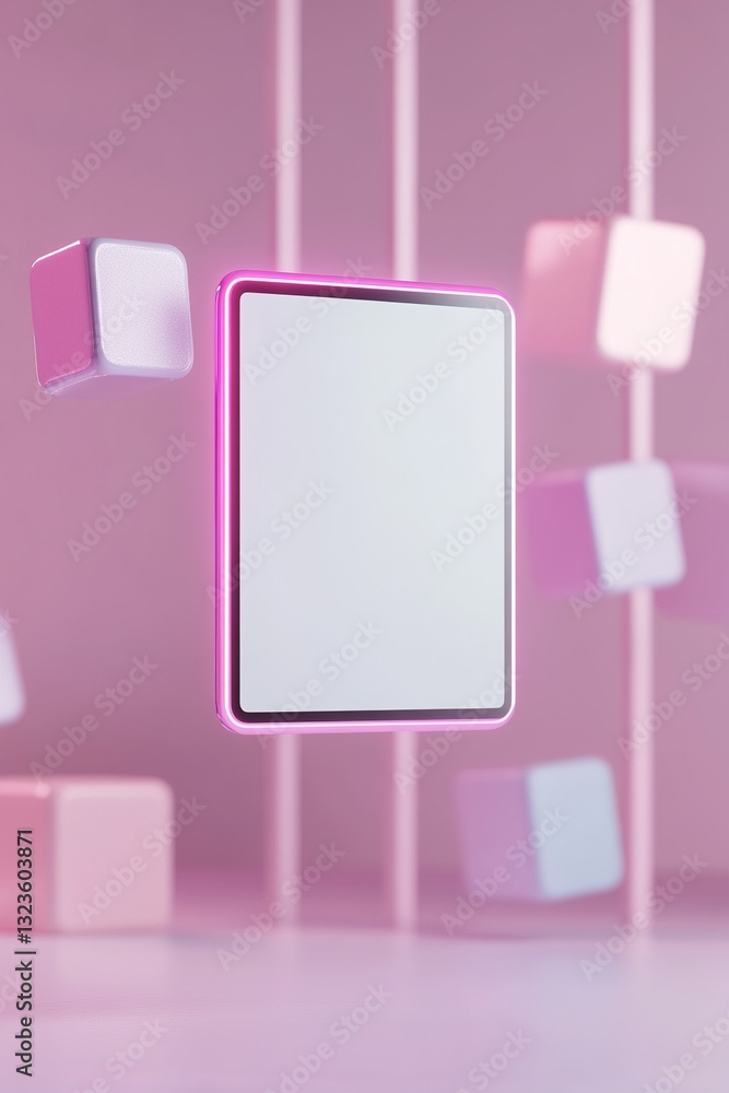 Poster a modern tablet hovers effortlessly with a blank screen, highlighted by glowing neon elements. the s