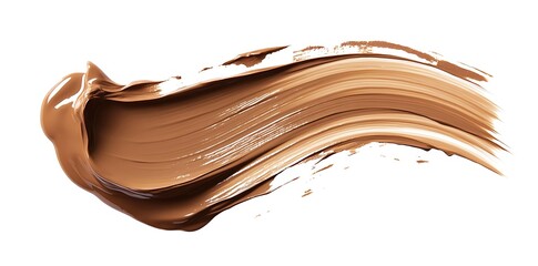 Loose beige paint strokes of liquid foundation makeup on a white background, showcasing a smooth, creamy texture ideal for beauty and cosmetic themes.