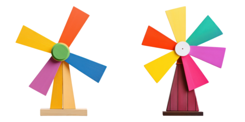 Colorful wooden windmills with vibrant blades on transparency background