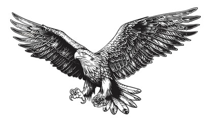 Vector eagle, black and white illustration, engrave, isolated, wildlife, bird art, nature design, animal sketch, monochrome eagle, flying bird, engraving, raptor, hawk, detailed sketch