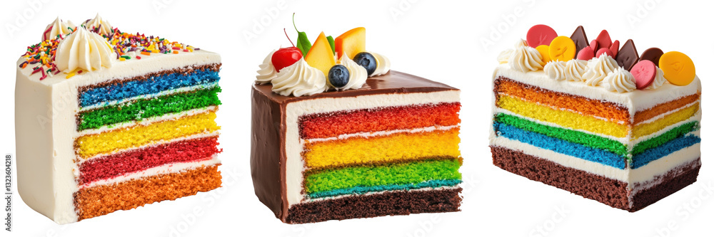 Poster three colorful rainbow cake slices with frosting and toppings on transparency background