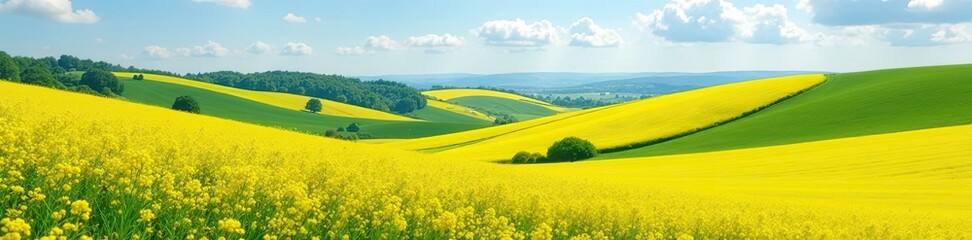 Obraz premium Rolling hills of yellow rapeseed fields in spring, flowers, hills, farming