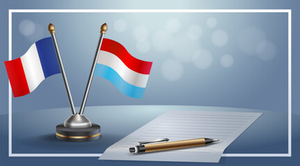 France and Luxembourg National flags on small table with bokeh background, cooperative relationship. Template vector Illustration
