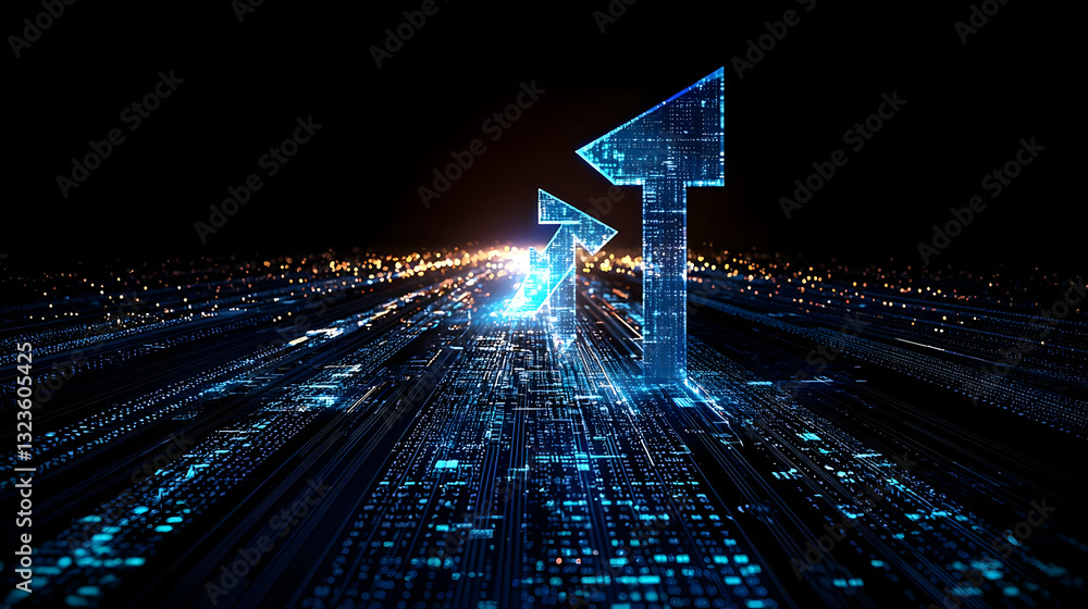 Poster blue digital arrows pointing upward on a futuristic light path with glowing data on black background