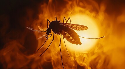Silhouette of a mosquito against a fiery sunset, highlighting nature's beauty and danger