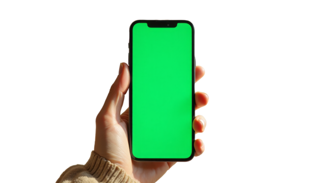Hand holding smartphone with green screen display in bright living room