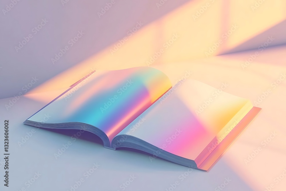Poster 3d rendering of an open magazine with a blank white page and gradient cover design on a table, brigh