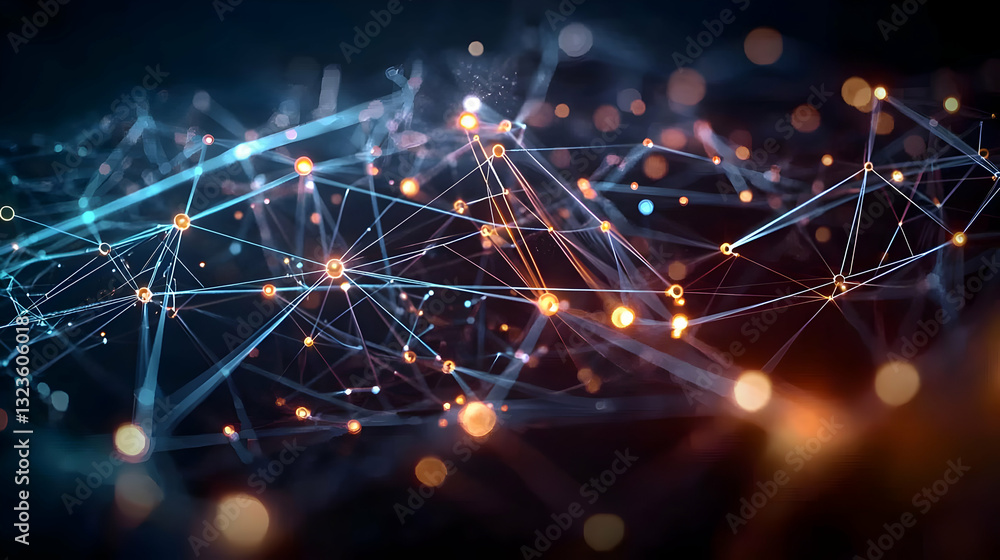 Poster abstract digital network with connected glowing points lines and blue tones lighting on black backgr
